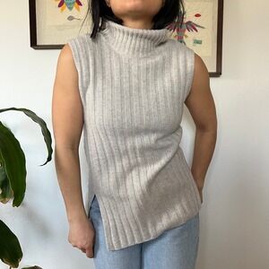 Vince Wool Cashmere Ribbed Sleeveless Turtleneck Sweater Gray XS Asymmetrical